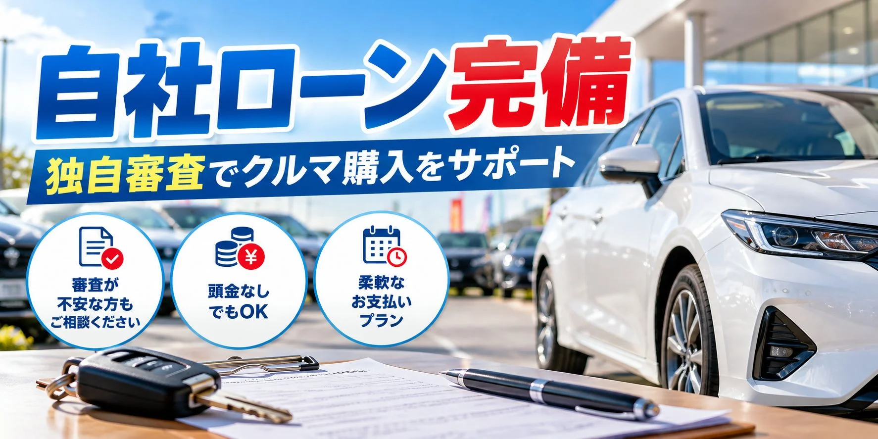 自社ローン完備 独自審査でクルマ購入をサポート。審査が不安な方もご相談ください、頭金なしでもOK、柔軟なお支払いプラン